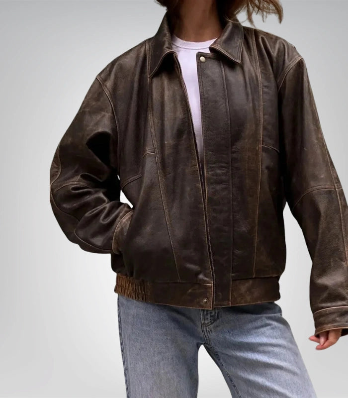 Stylish oversized bomber jacket – women’s brown lambskin outerwear