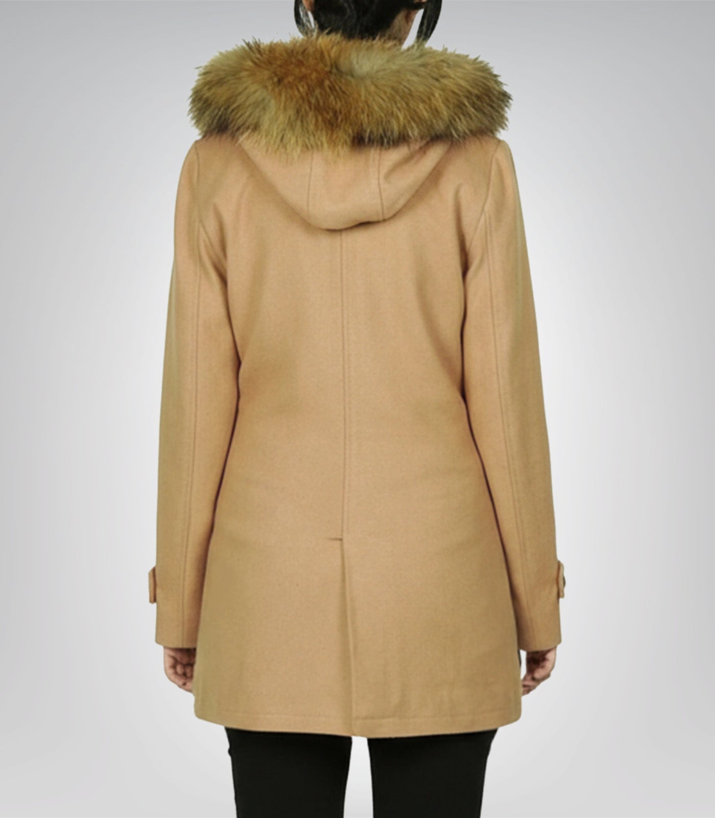 Women’s Camel Brown Hooded Wool Duffle Coat Shearling Trim Winter Outerwear