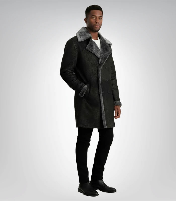 Charles Distressed Black Leather Shearling Double-Breasted Coat