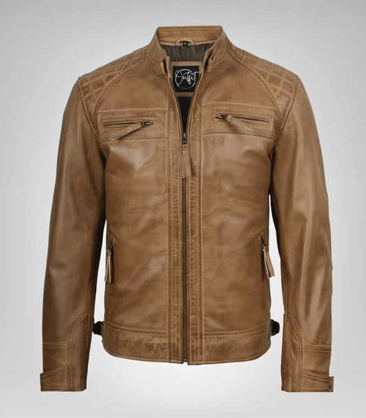 Camel brown men’s motorcycle jacket featuring quilted shoulders