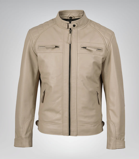 Men’s beige biker-style leather jacket featuring quilted detailing