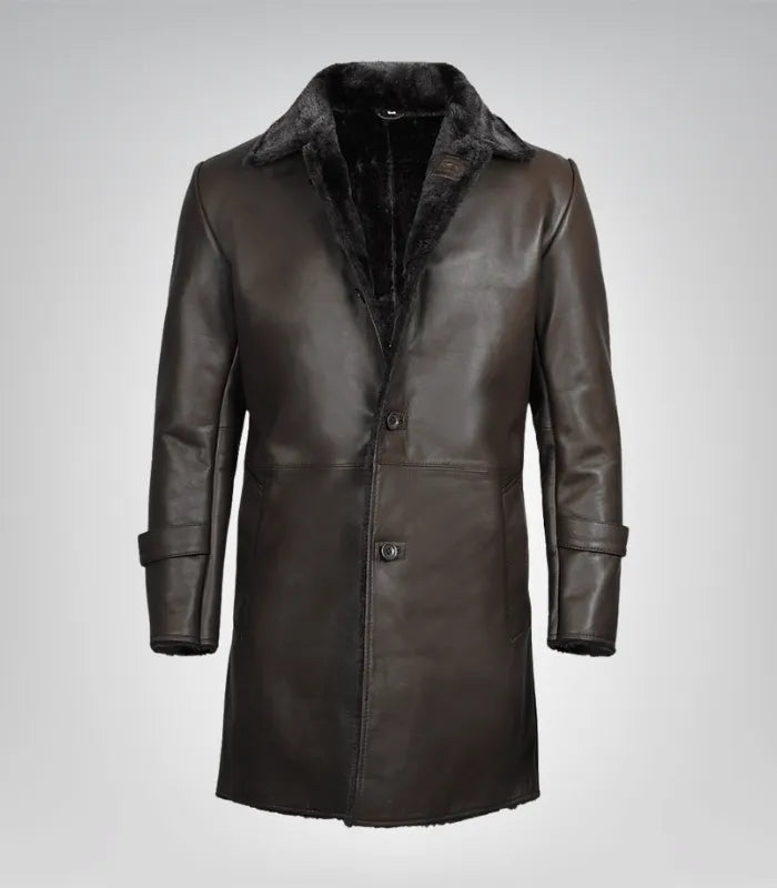 Classic men’s dark brown leather coat – mid-length with soft faux shearling interior