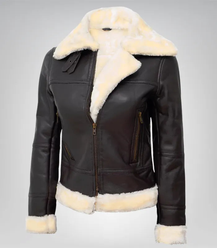 Classic women’s B3 bomber jacket – dark brown genuine lambskin shearling style