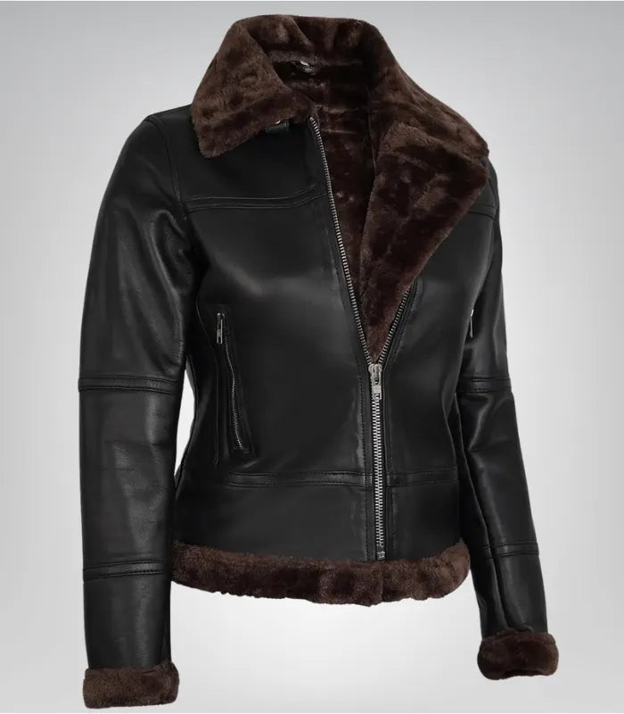 Alt Text: Warm women’s leather bomber jacket with shearling collar in dark brown