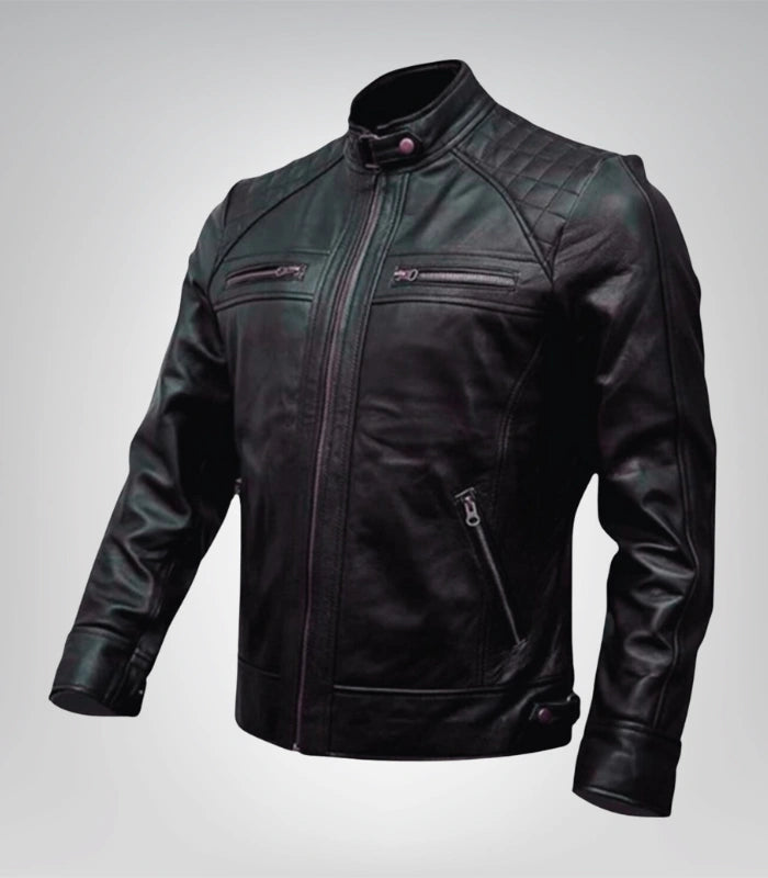 Men’s Diamond Quilted Black Leather Biker Jacket Slim Fit Retro Style