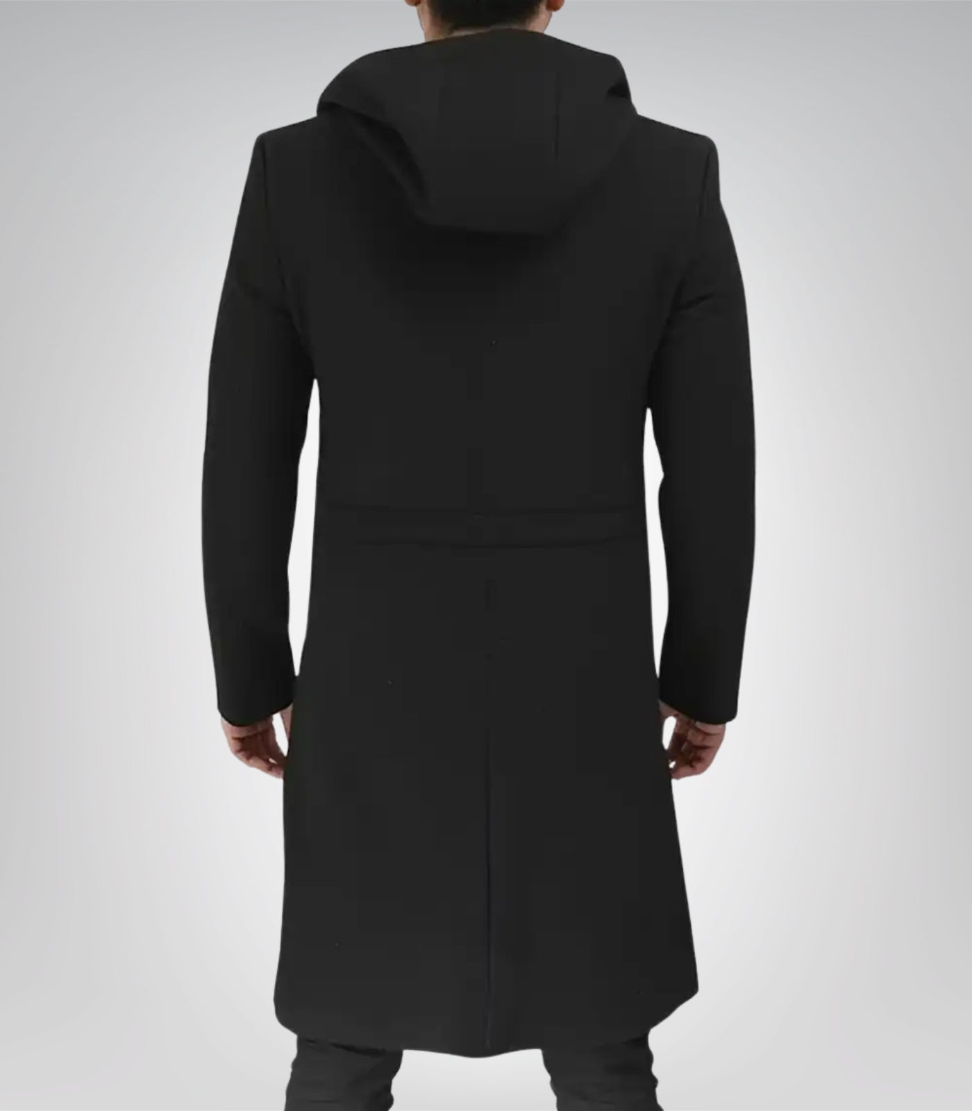 Men’s Black Hooded Wool Coat Zip-Up Winter Overcoat