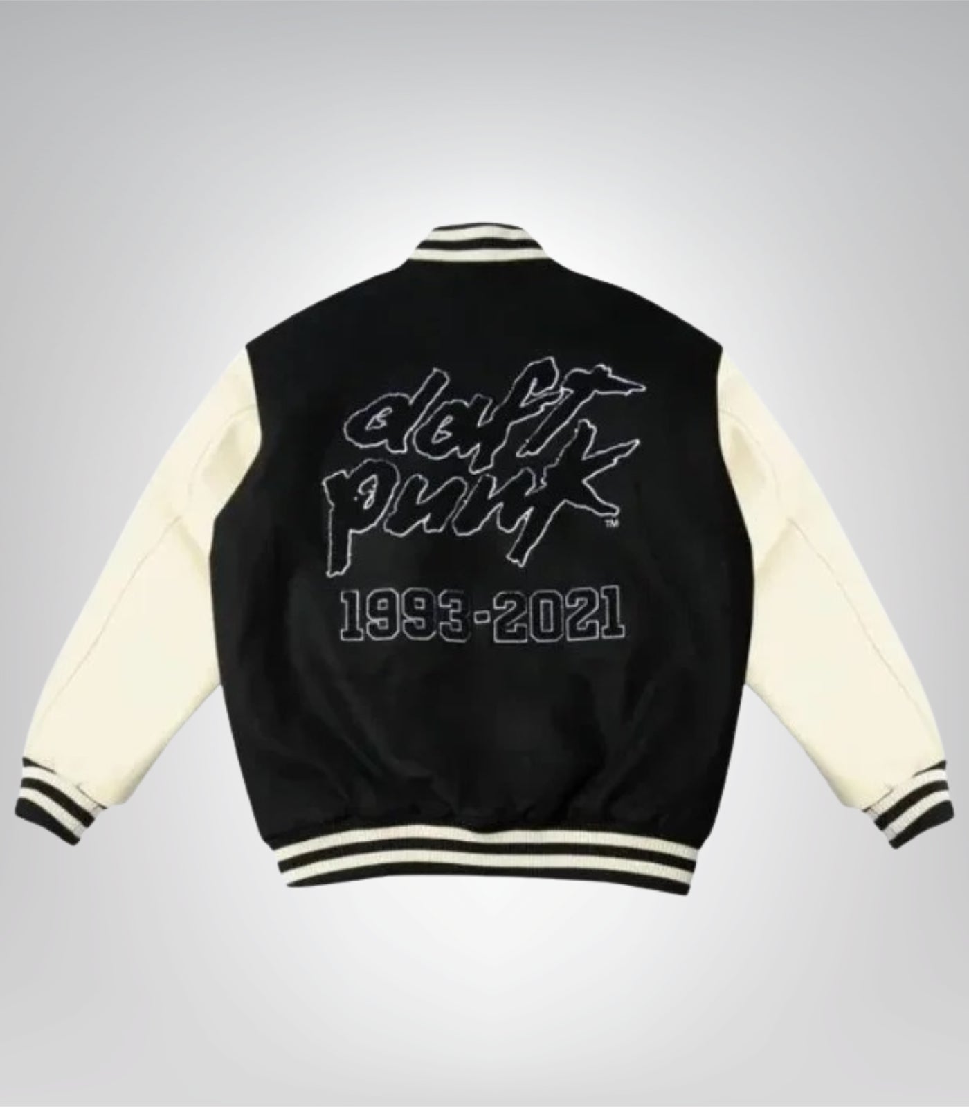 Daft Punk premium black varsity jacket featuring wool body and leather sleeves