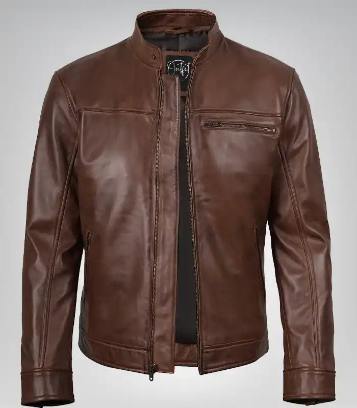 Men's Cognac Biker Leather Jacket Genuine Real Leather Motorcycle Style