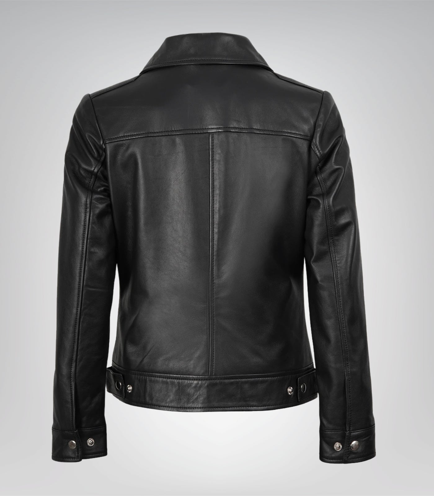 Stylish women’s black leather Harrington jacket featuring a shirt collar