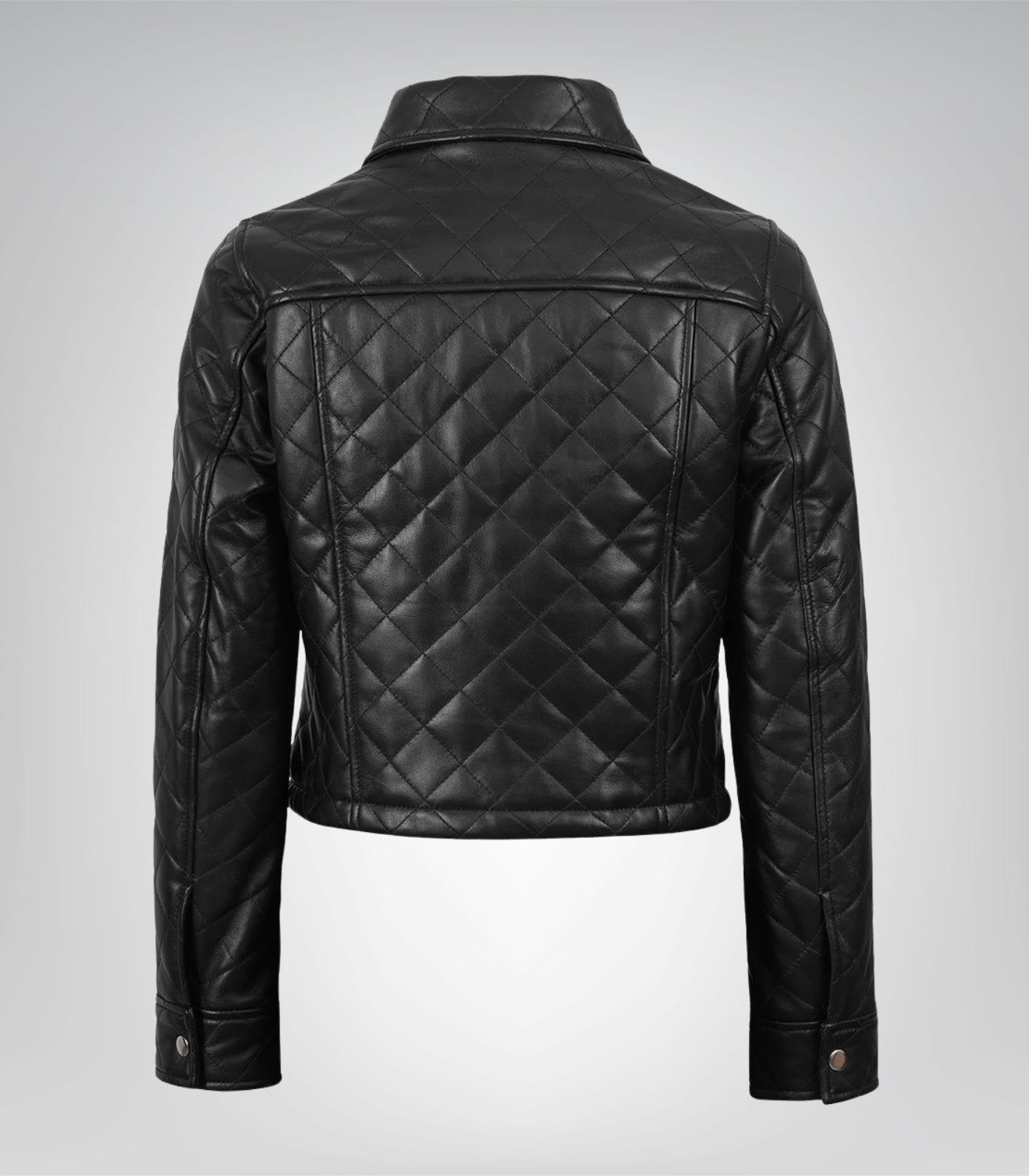 Stylish women’s black real leather crop jacket featuring quilted panels