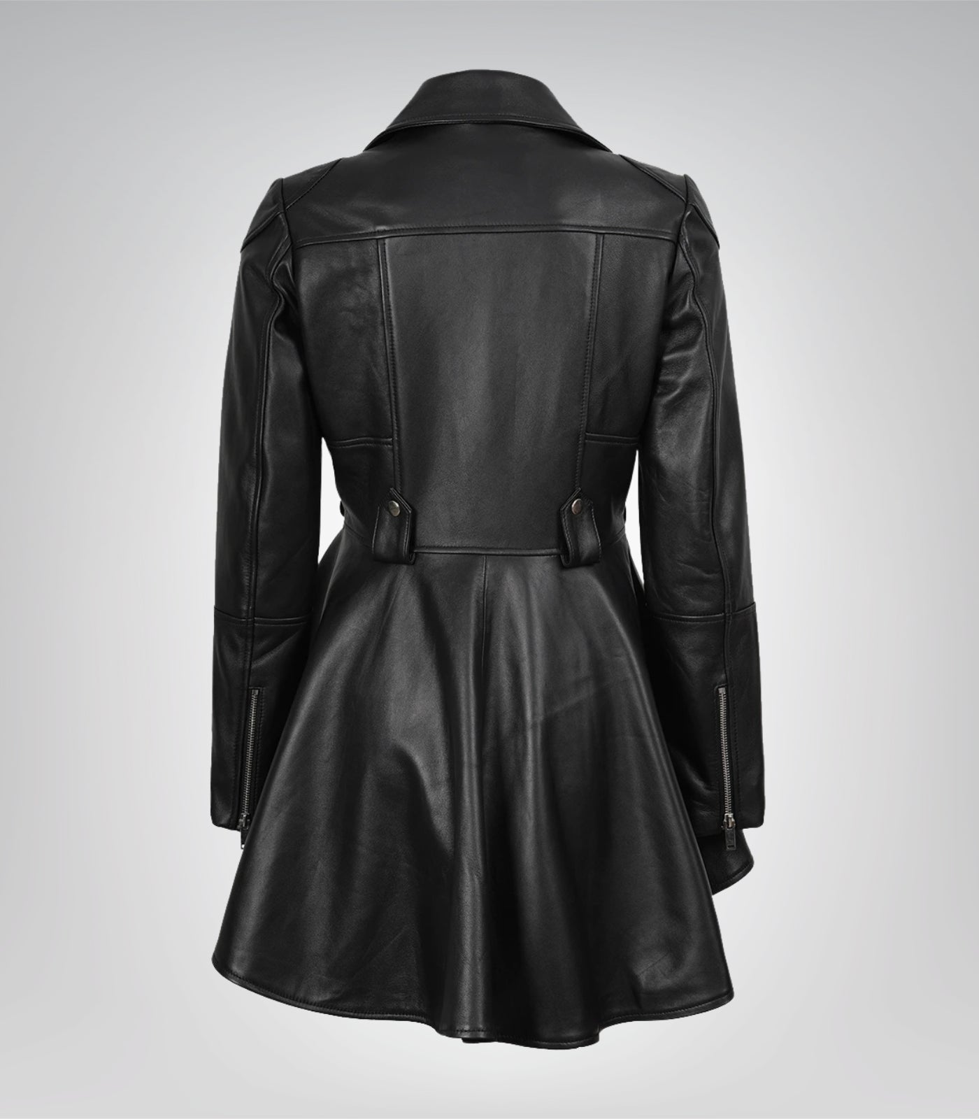 Stylish women’s black peplum leather jacket with asymmetrical closure