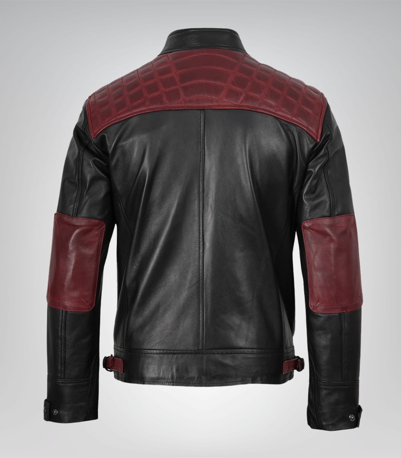 Stylish men’s leather motorcycle jacket in black and maroon