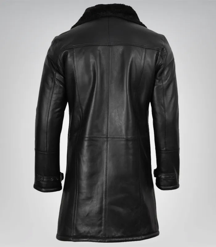 Men’s Black 3/4 Length Genuine Leather Coat with Faux Shearling Lining
