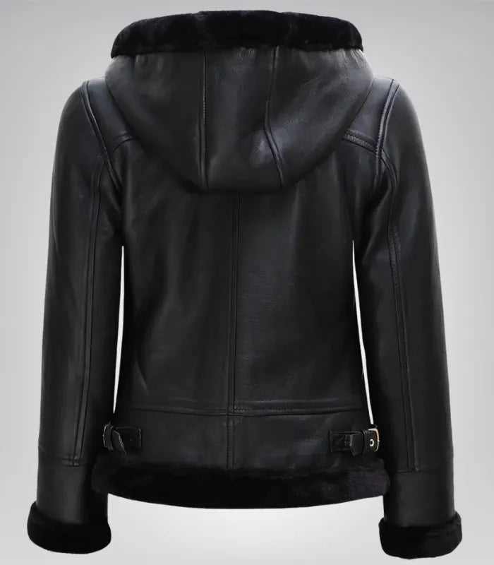 Alt Text: Timeless black hooded shearling leather jacket for women’s winter fashion