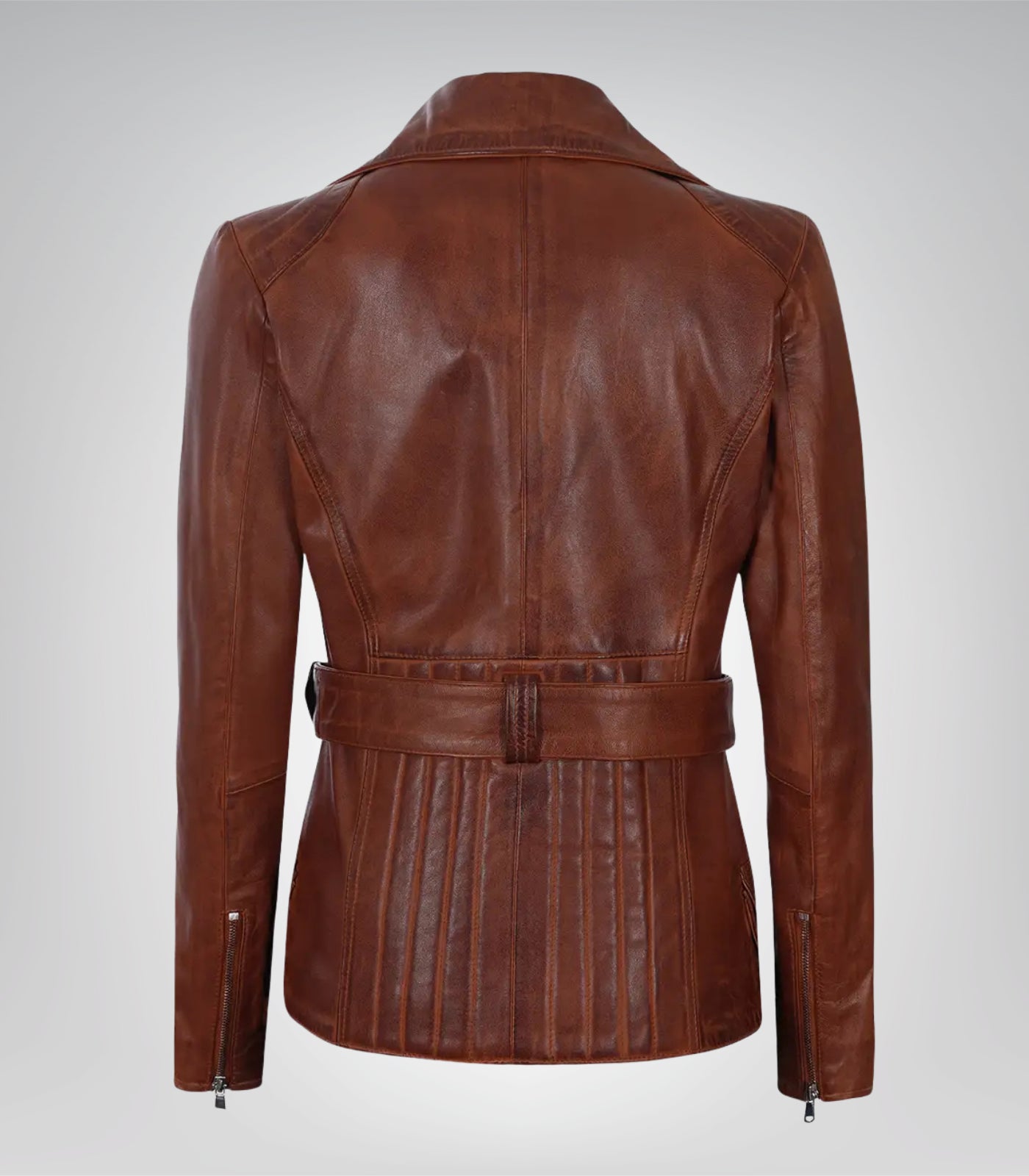 Stylish women’s cognac waxed leather biker jacket with four-pocket design