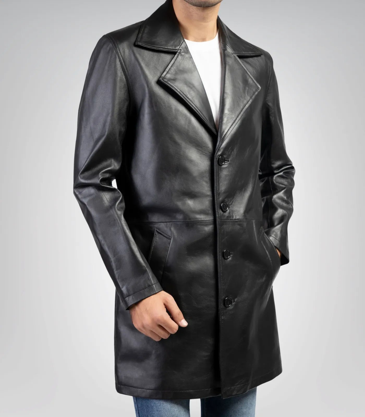 Classic Black Leather Overcoat for Men – Long Real Leather Trench Style