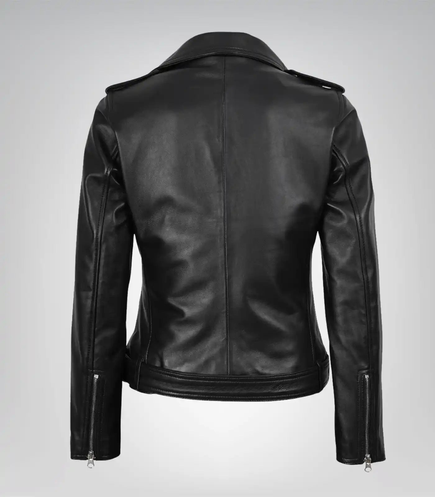 Stylish Marcella women’s black leather moto jacket featuring asymmetrical design