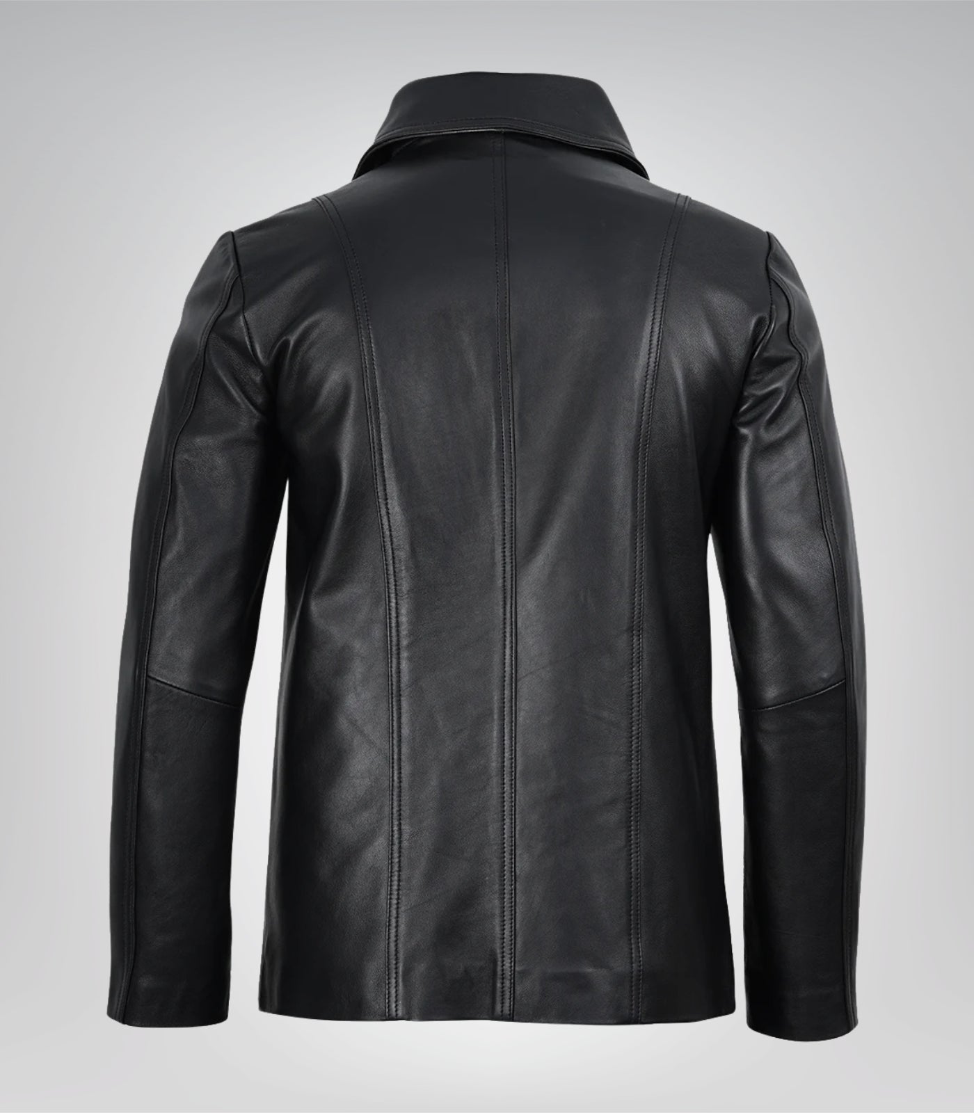 Stylish men’s black leather blazer featuring two-button design and notch lapel