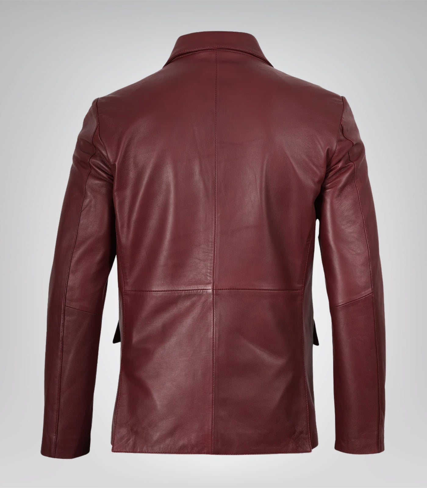 Stylish men’s maroon leather blazer featuring two-button design