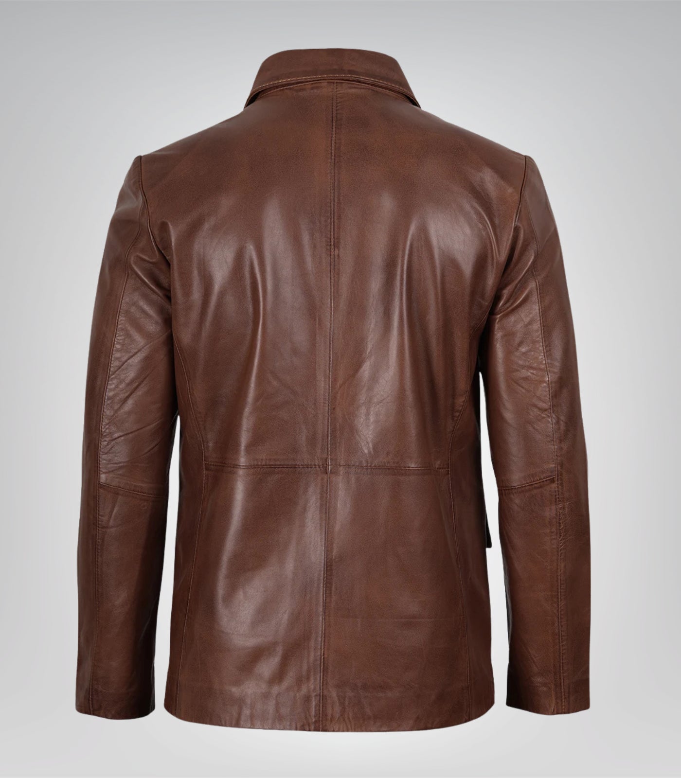 Stylish men’s cognac waxed leather blazer featuring two-button design