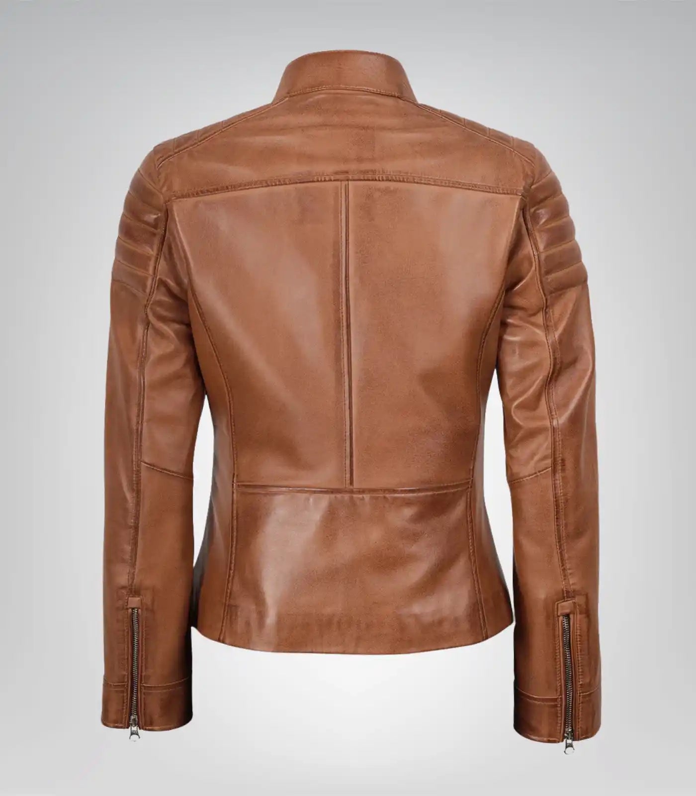 Stylish women’s tan lambskin leather motorcycle jacket design