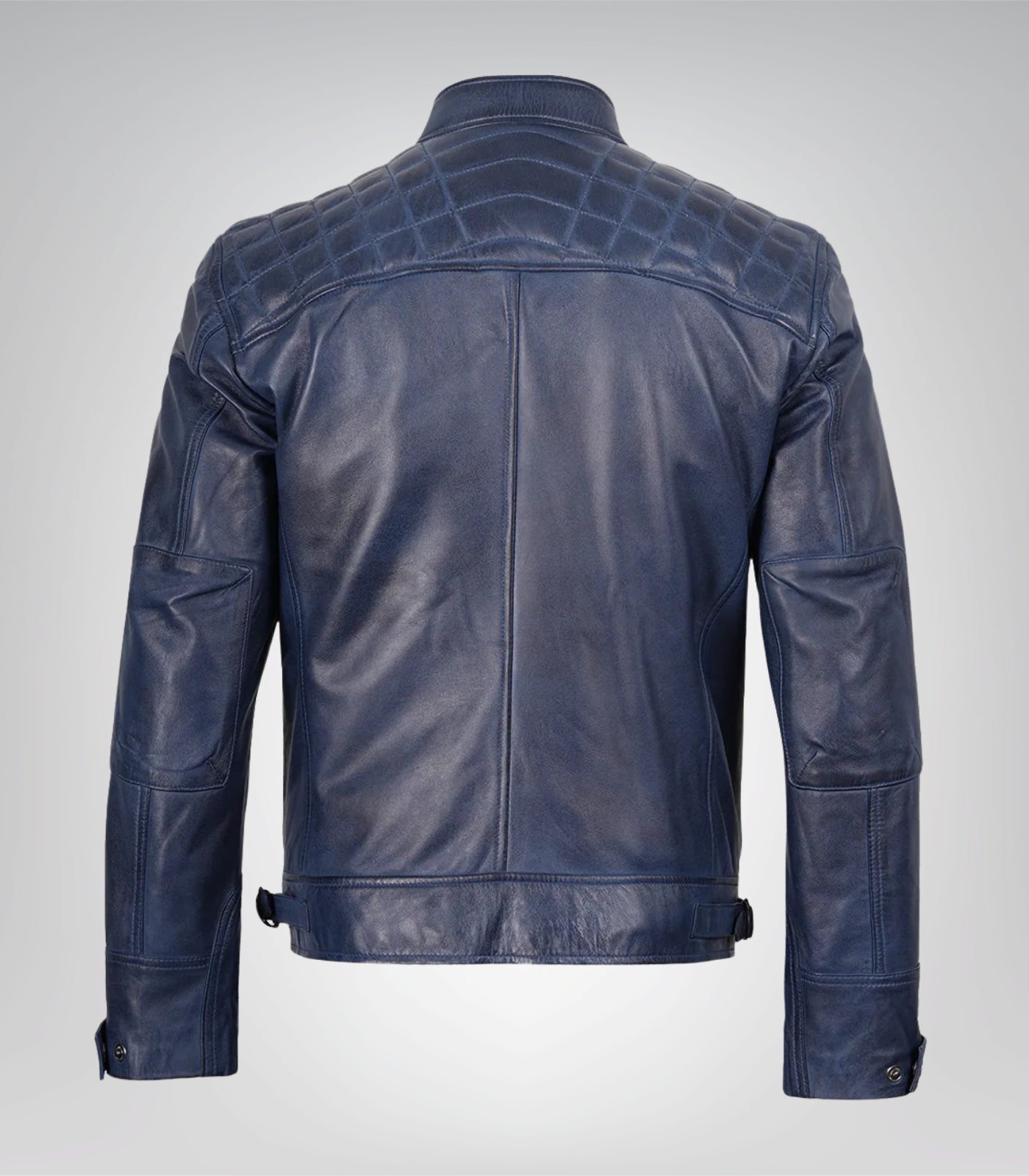 Men’s Blue Waxed Leather Biker Jacket with Quilted Shoulders