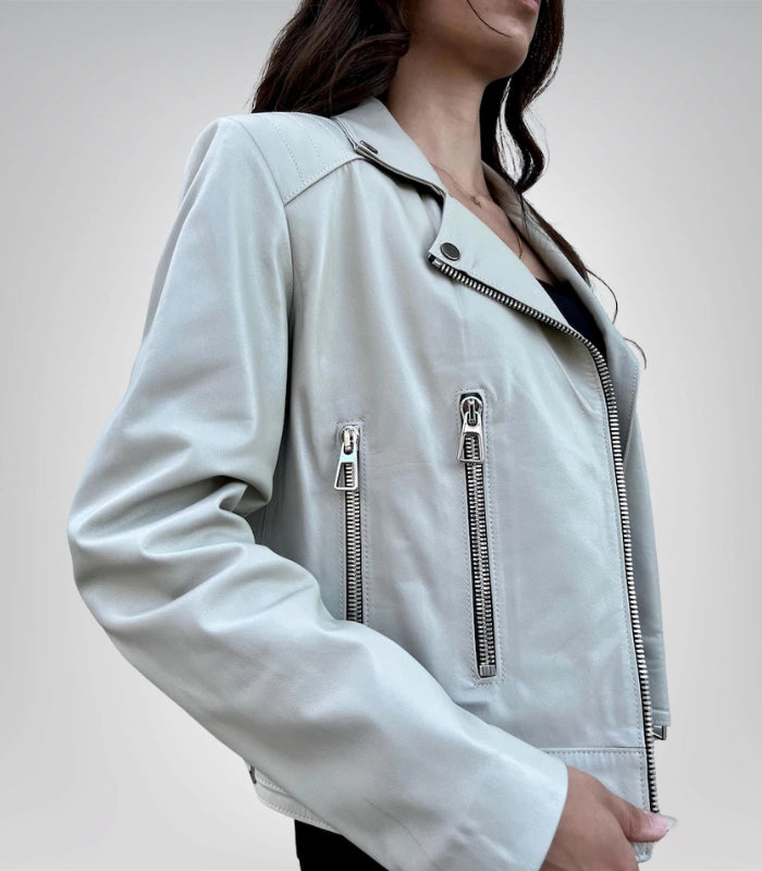 Premium Handmade Beige Leather Jacket for Women | Moto Fashion