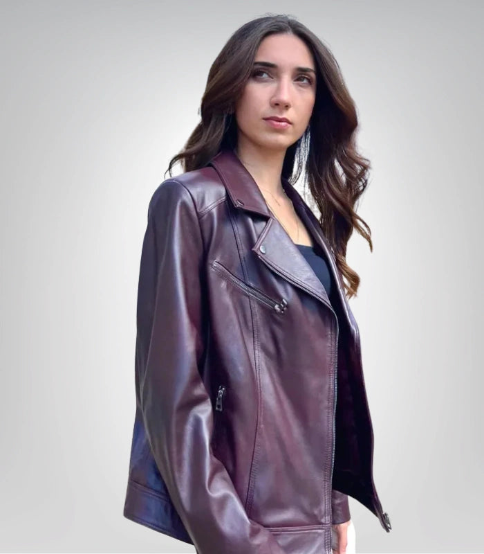 Stylish women’s leather bomber jacket – burgundy genuine leather design