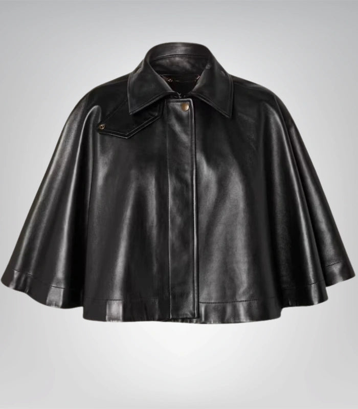 Women’s luxury leather cape – handmade black button closure outerwear