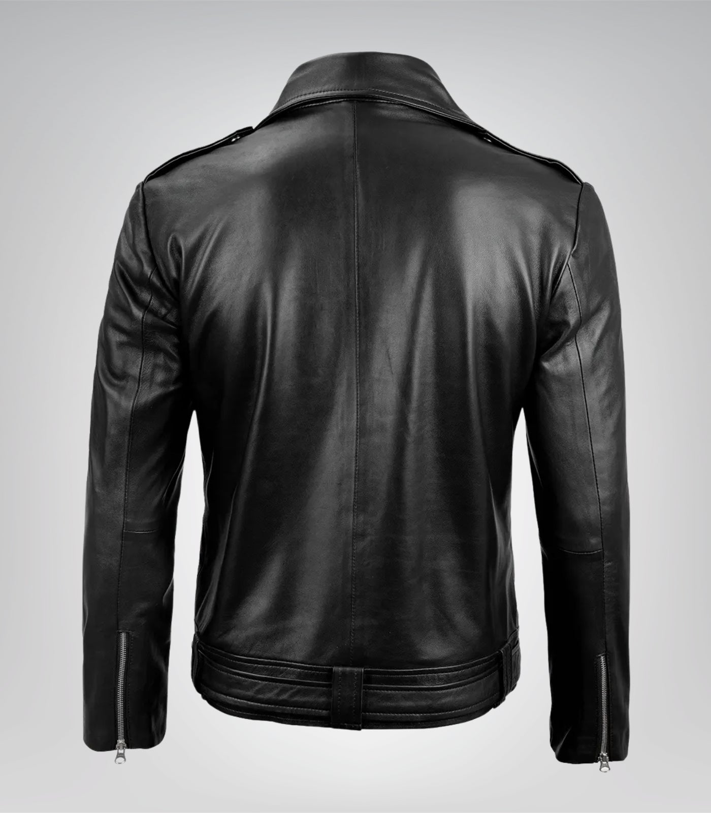 Premium men’s black biker jacket with belt and asymmetrical zipper