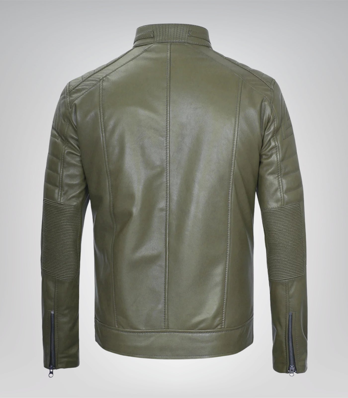 Trendy men’s olive green genuine leather motorcycle jacket