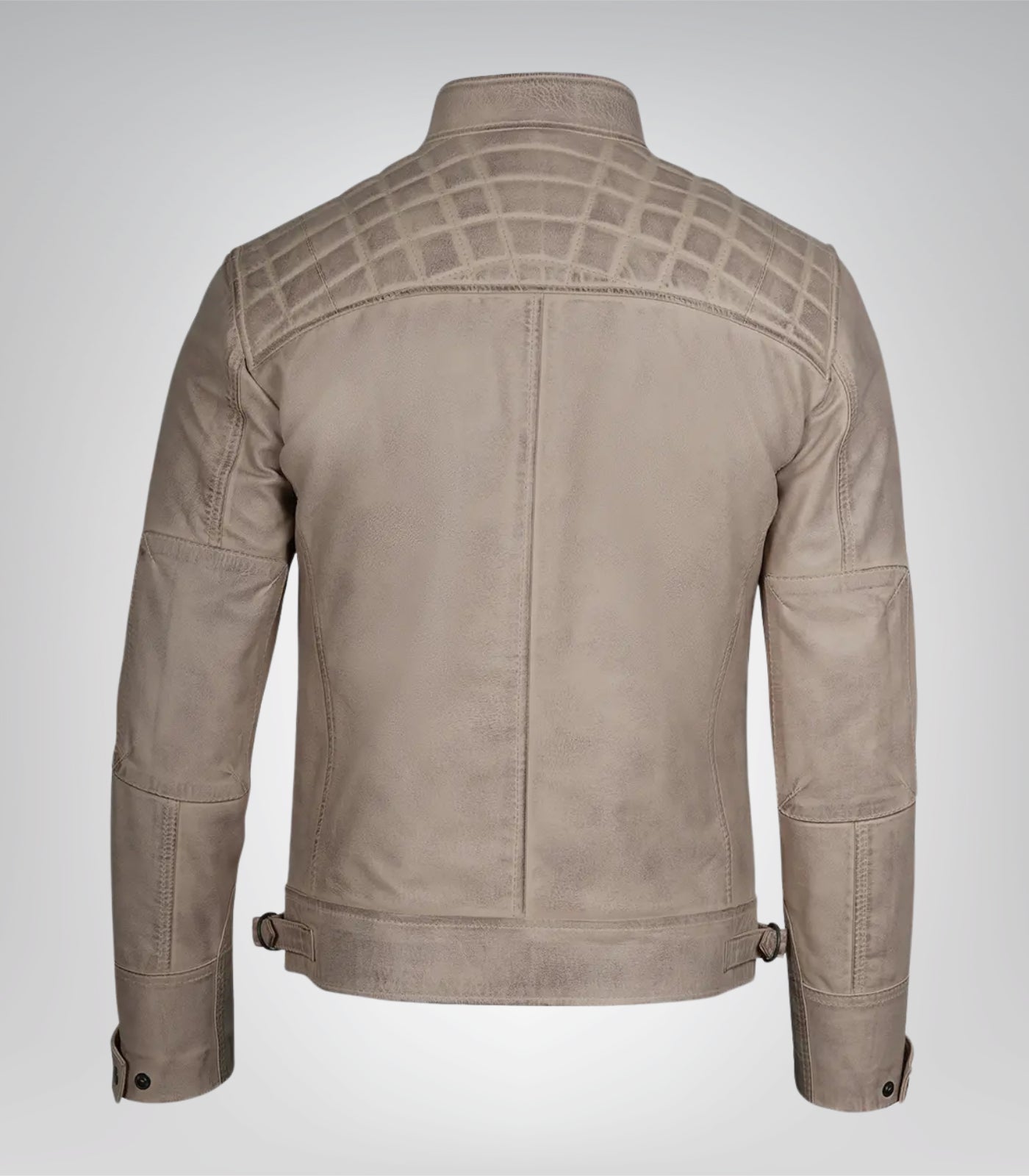 Trendy men’s leather motorcycle jacket in warm beige