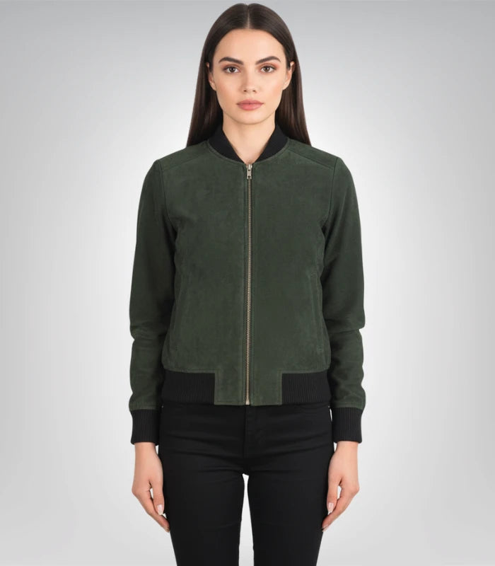Bliss Green Suede Bomber Jacket