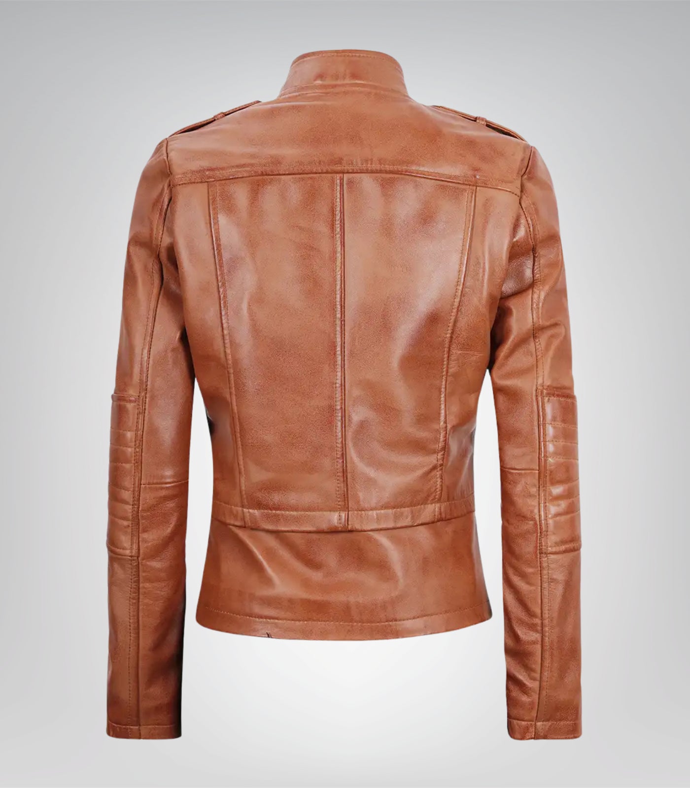 Women’s tan genuine leather moto jacket with asymmetrical closure