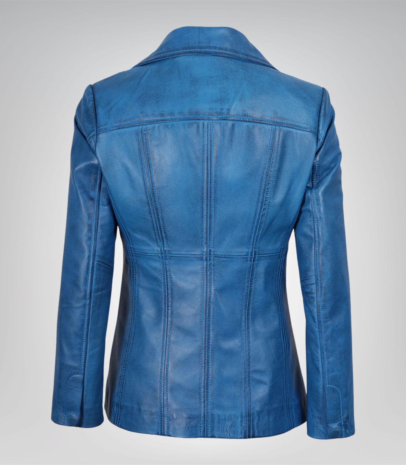 Women’s blue waxed leather coat with a classic three-button front