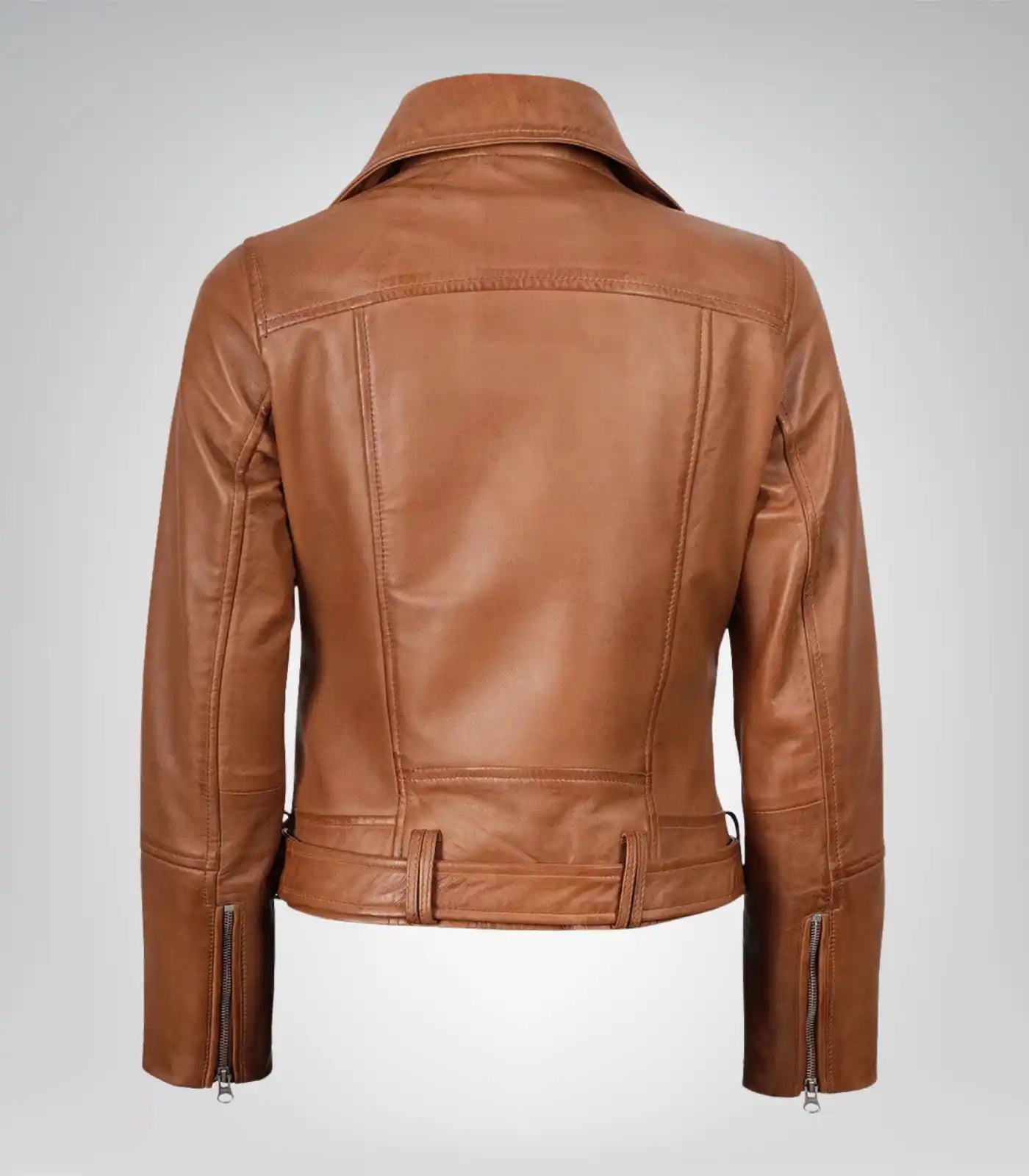 Women’s tan motorcycle leather jacket with belt and angled front design