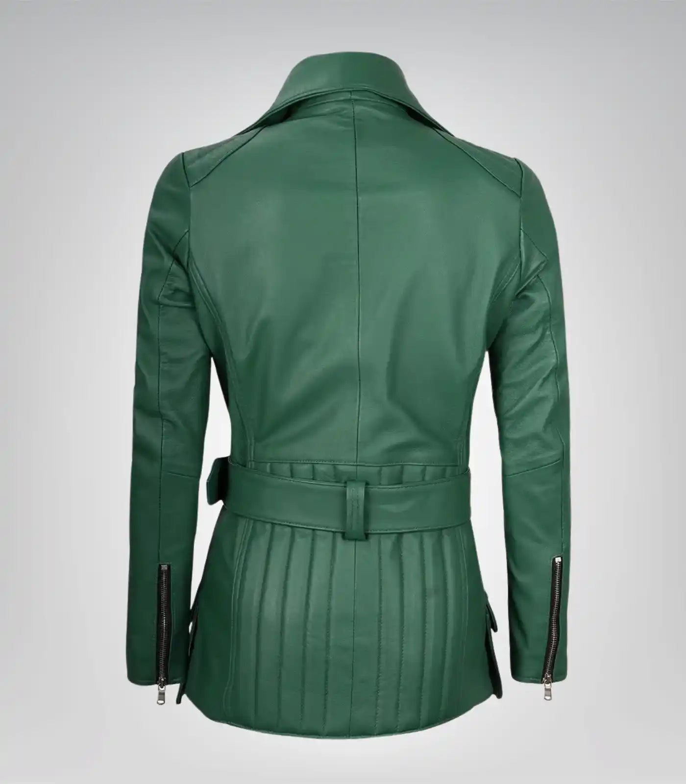 Women’s genuine green leather belted motorcycle jacket