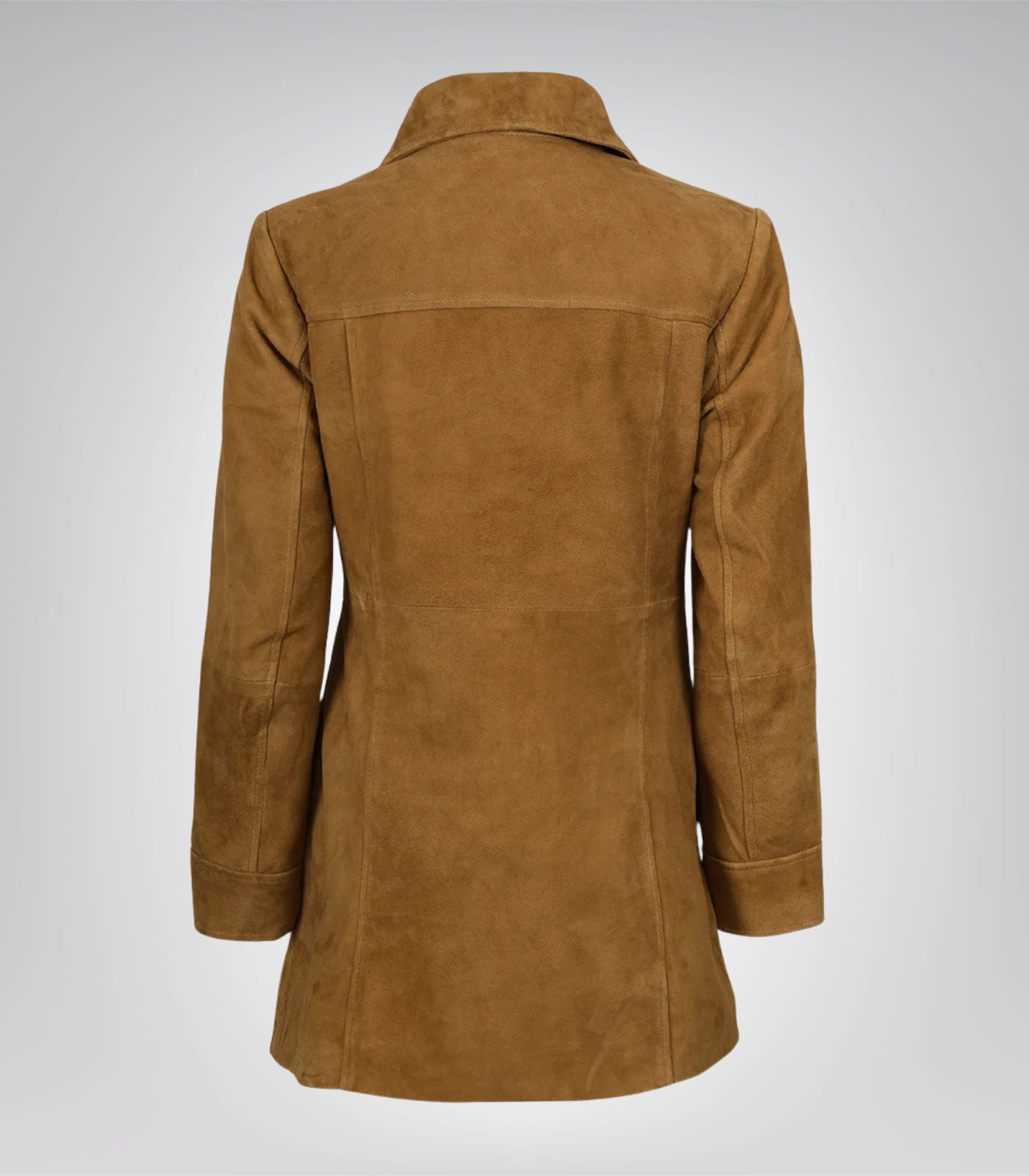 Women’s 3/4 Length Camel Brown Suede Button-Down Coat Real Suede Jacket