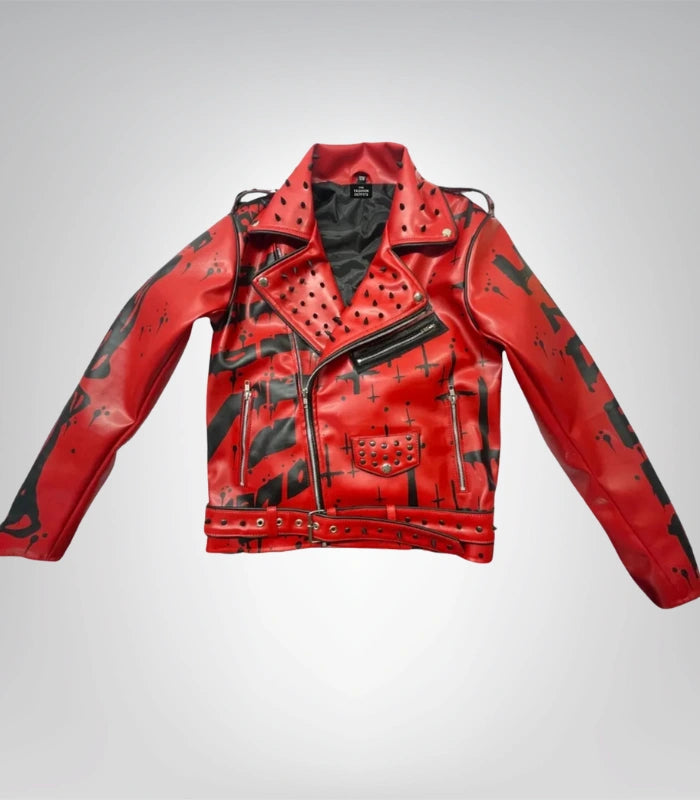 Rocker spiked leather jacket – red and black rebel motorcycle outfit