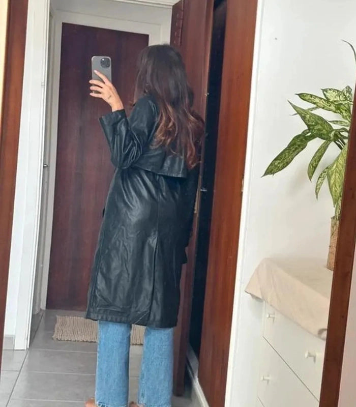 Classic women’s black leather trench – belted double-breasted outerwear