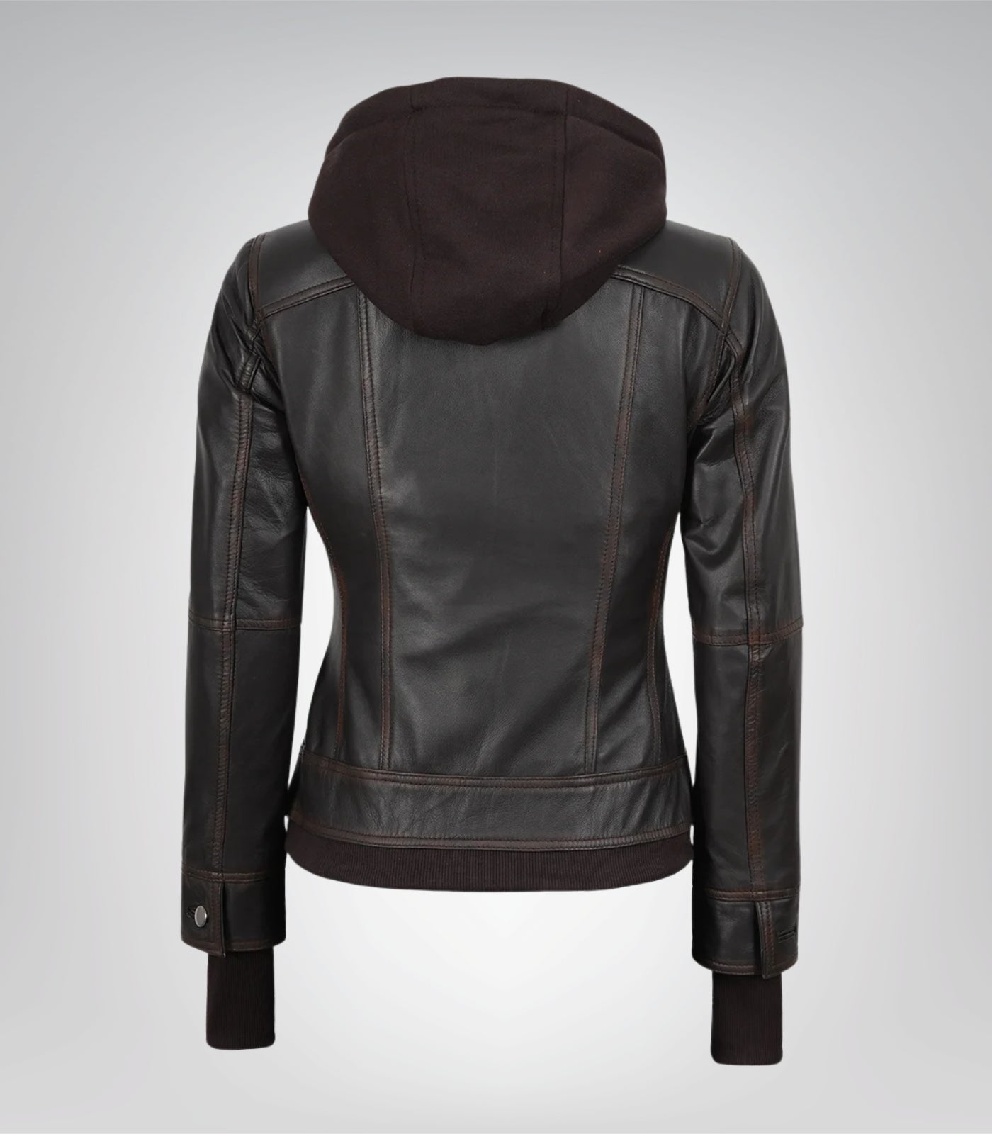Women’s Genuine Leather Brown Bomber Jacket with Detachable Hood