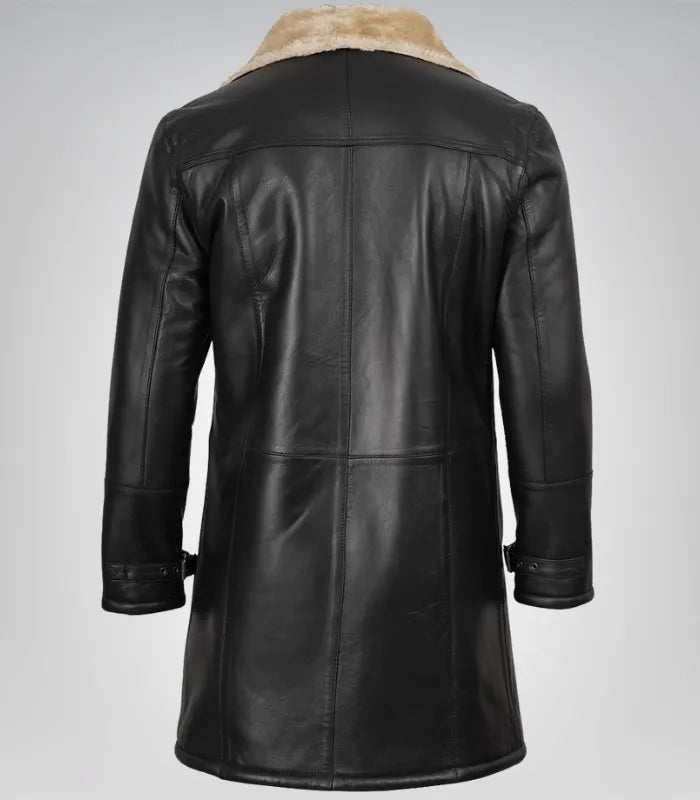 Men’s Black 3/4 Length Genuine Leather Coat with Faux Shearling Lining