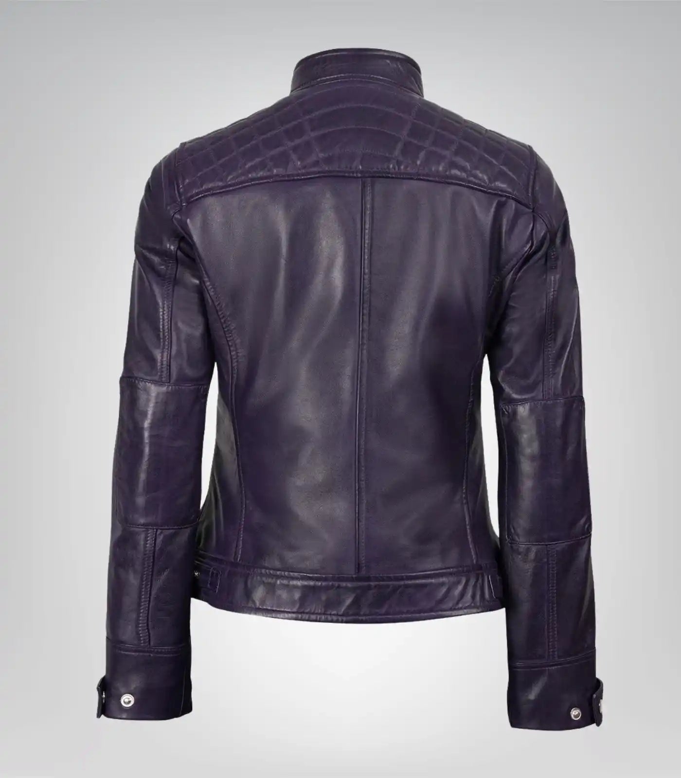 Women’s Purple Leather Motorcycle-Style Jacket with Quilted Shoulders