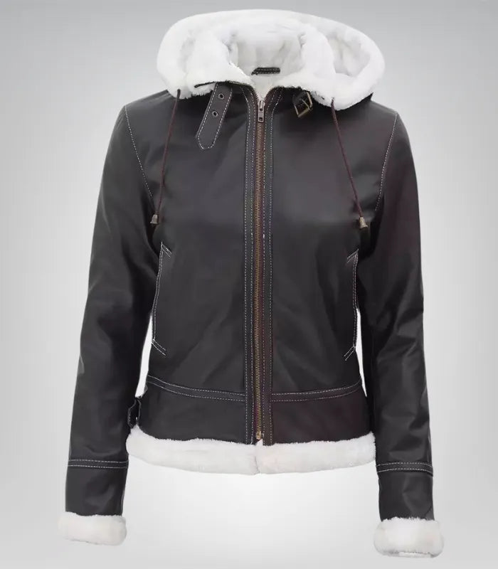 Women’s Mary B3 Dark Brown Shearling Leather Jacket with Removable Hood