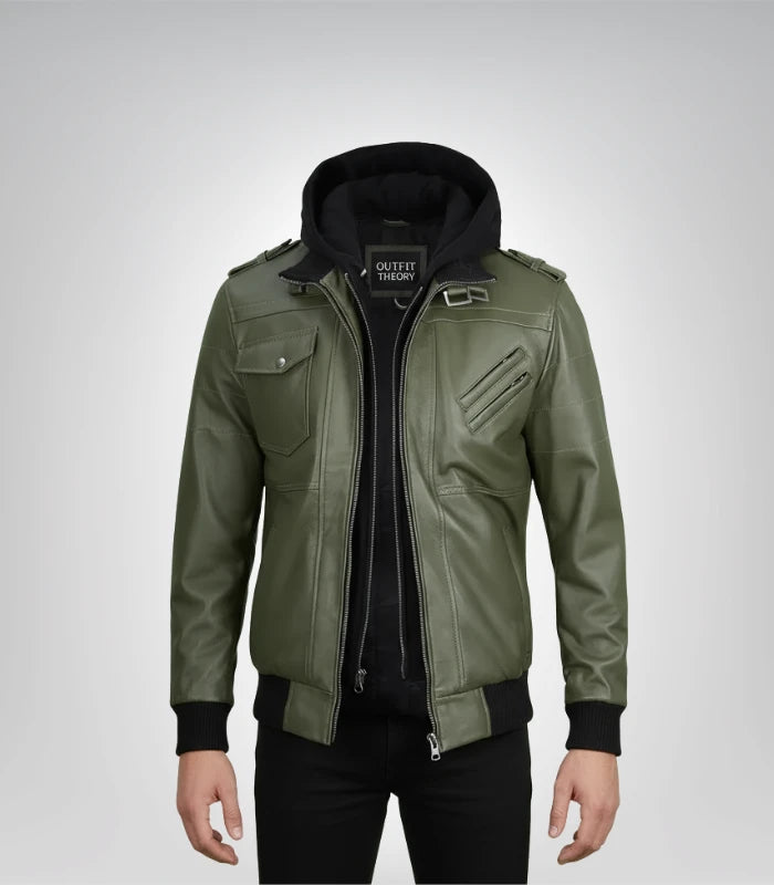 Mens Army Green Bomber Leather Jacket