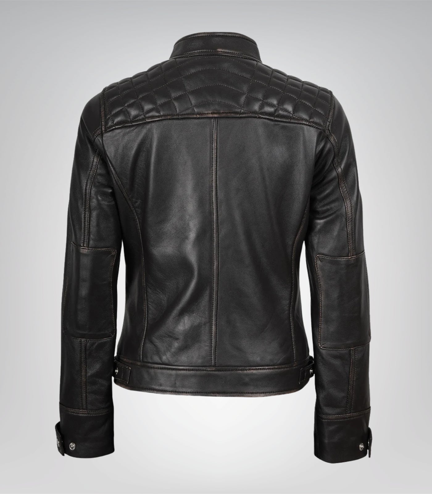 Women's Distressed Brown Genuine Leather Quilted Biker Jacket