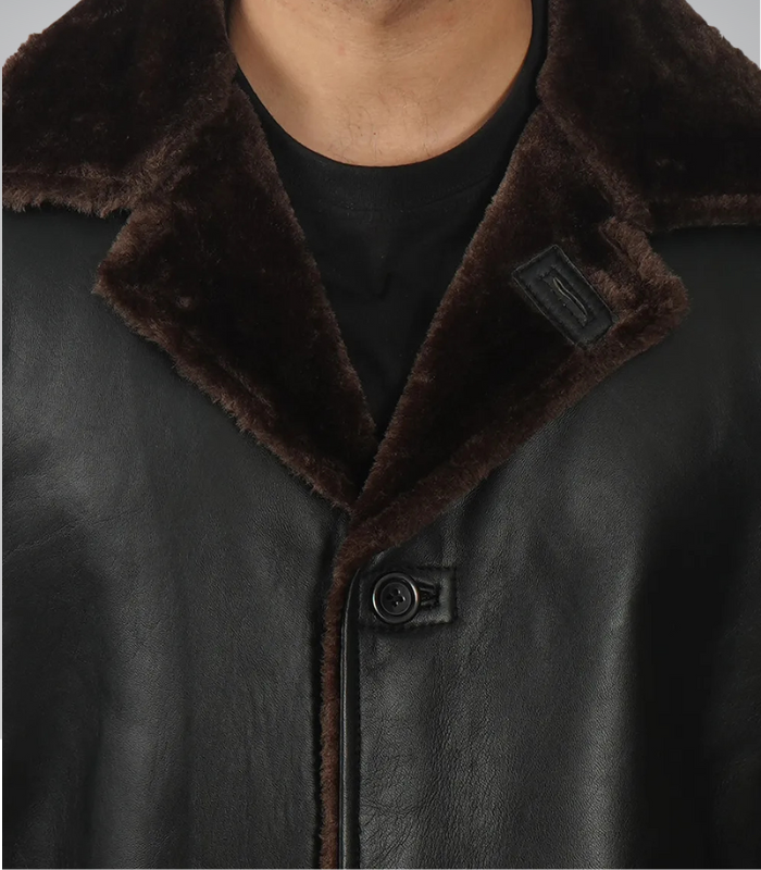 Men’s 3/4 Length Genuine Black Leather Coat with Brown Shearling Lining