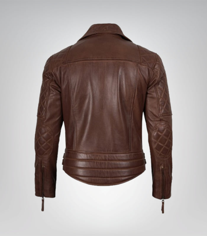 Men’s real lambskin leather biker jacket – cognac quilted moto outerwear