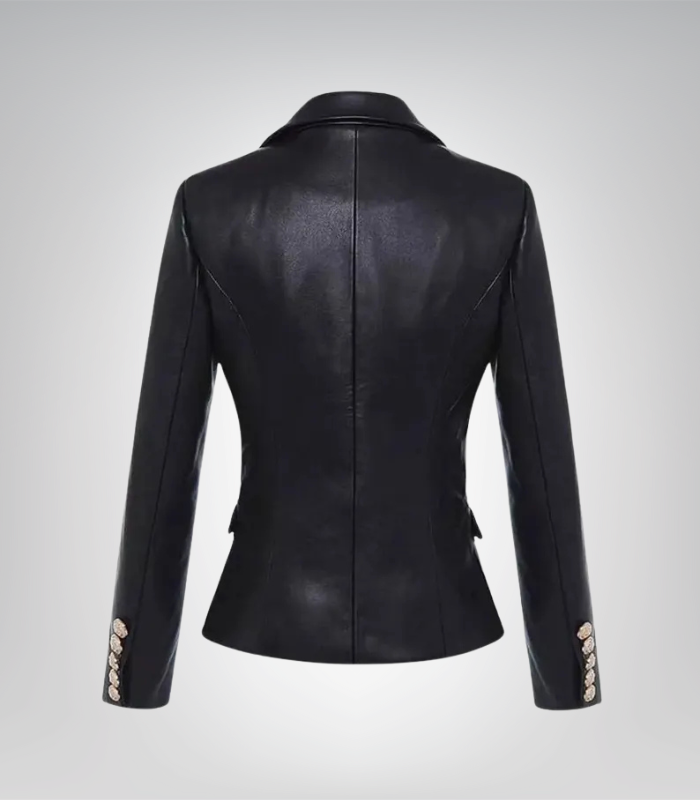 Black leather blazer for women – double-breasted with gold buttons