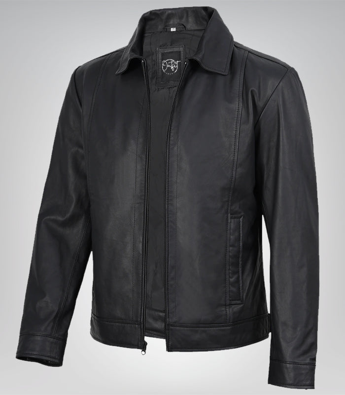 Matte black moto jacket for men – slim fit genuine leather style